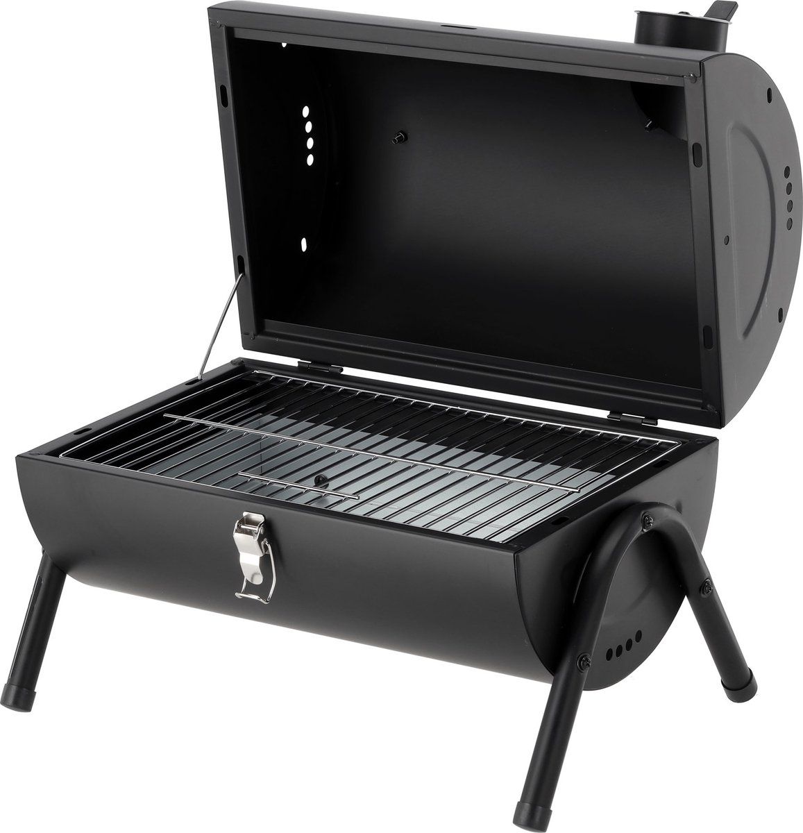 Compacte Houtskoolbarbecue met Deksel - Tafelbarbecue & Reisbarbecue - Dubbel Chroom-Plated Grillrooster (34 x 21 cm) - Met Ventilatieschuif & Houten Handgreep - Zwart