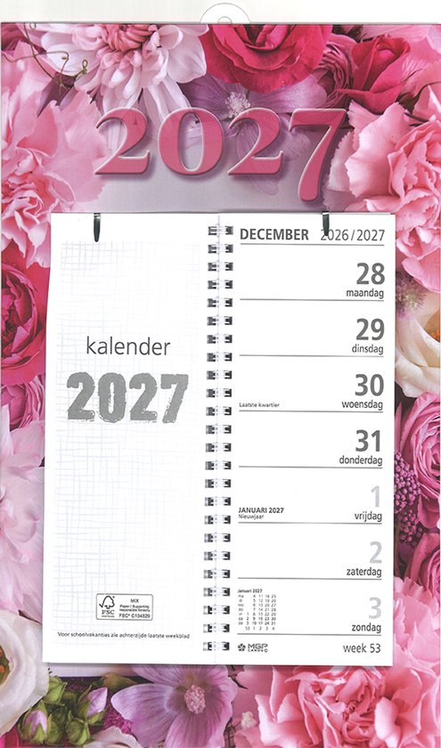 Kalender 2027 met roze bloemen, met december 2026 en januari 2027.