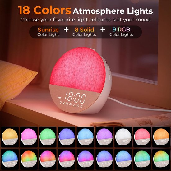 Wekker Zonsopgang - Wake-up light - Rustig Wakker Worden - 30 Natuurgeluiden - 17 Kleuren - Wit — afbeelding 5