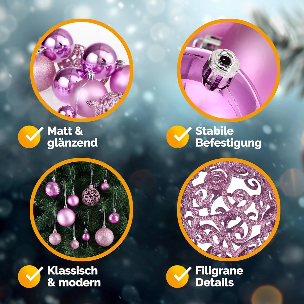 Kerstballen Set - Boomversiering - Kerstboom Versieren - Breukvast Kunststof - 100 Stuks - Roze – foto 2
