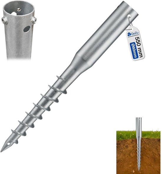 GeZu grondschroef, 550 mm lang en 60 mm diameter, thermisch verzinkt metaal met spiraalvormige punt.