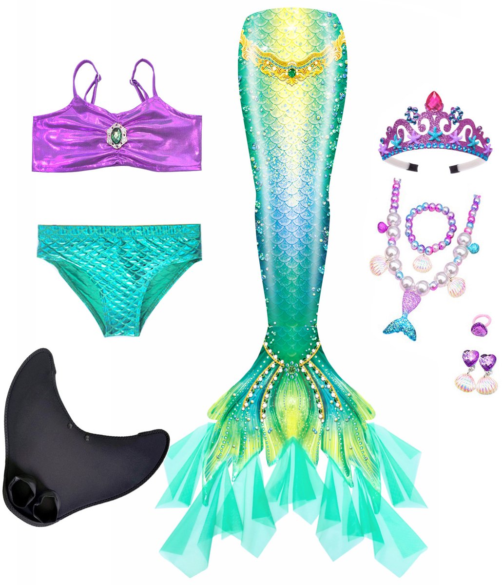 Zeemeerminstaart Zwemset Meisjes - Zeemeermin Bikini Set - Zeemeerminstaart Met Monovin - Verkleedset Zeemeermin - Tiara En Sieraden - Maat 110