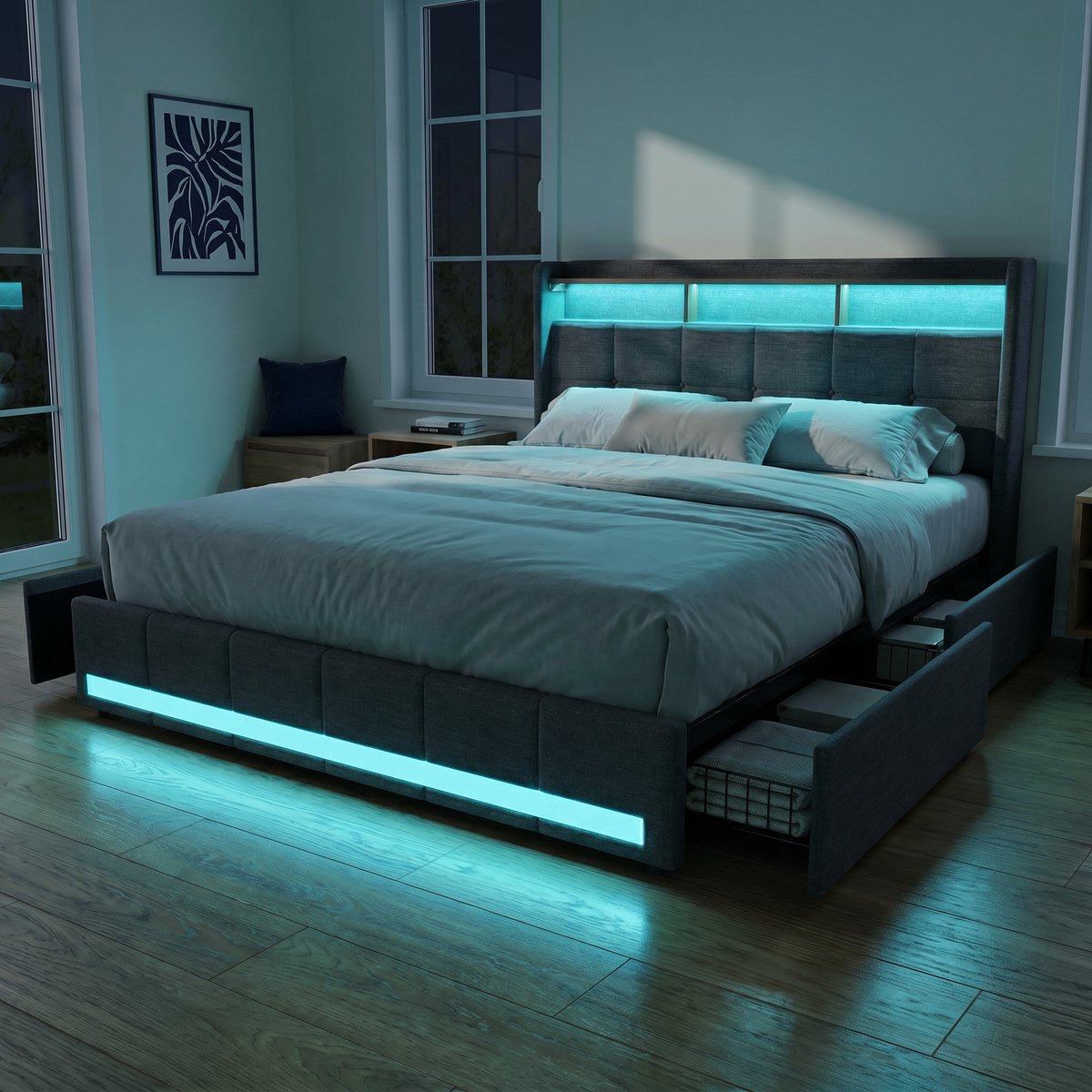 Gestoffeerd Opbergbed 140x200 cm met 4 lades - Tweepersoonsbed met RGB LED en Lattenbodem - Hoofdbord met plank en USB - Modern - Linnen - Grijs