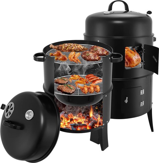 SMH LINE® Rookoven - Chef Smoker - BBQ Grill - 3in1 Multifunctionele barbecue - Ø40xH85cm - Rook /Grilloven - Incl. Thermometer - Zwart