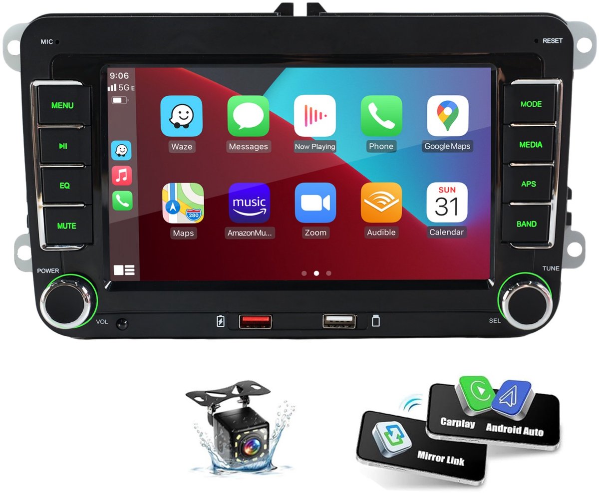ESSGOO Volkswagen CarPlay Autoradio - met Apple Carplay & Android auto (Draadloos) -Plug&Play- voor VW Golf, Polo, Tiguan, Touran, Caddy, Jetta -7inch Touchscreen scherm-Bluetooth- Dual USB -12LEDs Achteruitrijcamera