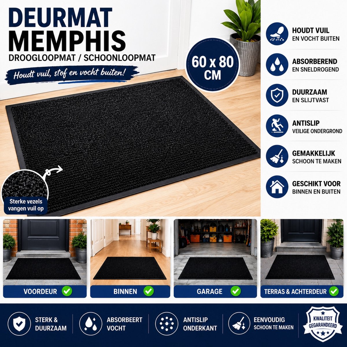 Wicotex - Deurmat - Droogloopmat Memphis Zwart - Afmeting 60x80cm