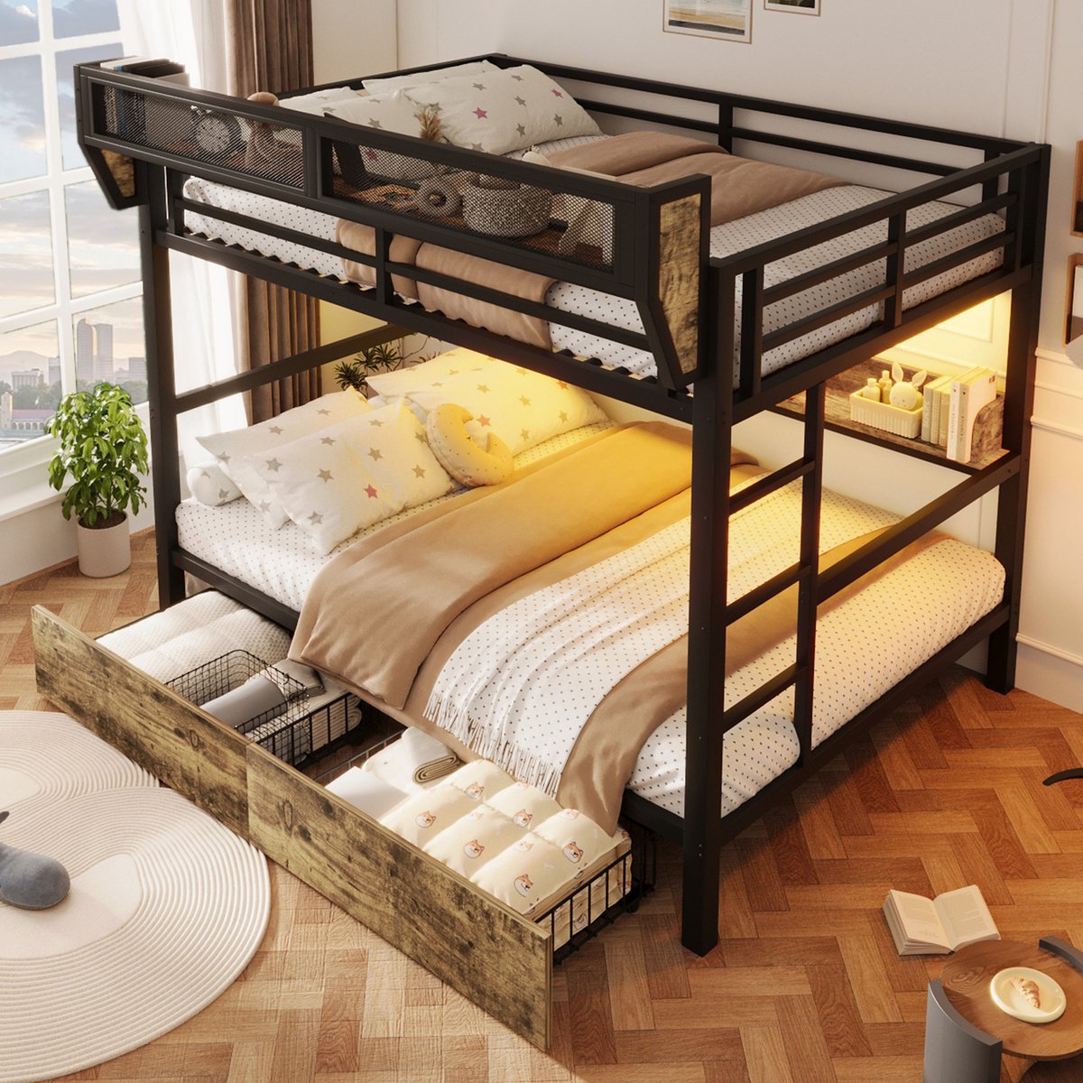 Stapelbed 140 x 200 cm, Kinderbed Ijzeren Bedframe, Plank, Opbergmand, 2 Binnenlades, Ledverlichting, Hoogslaper Zonder Matras-Zwart