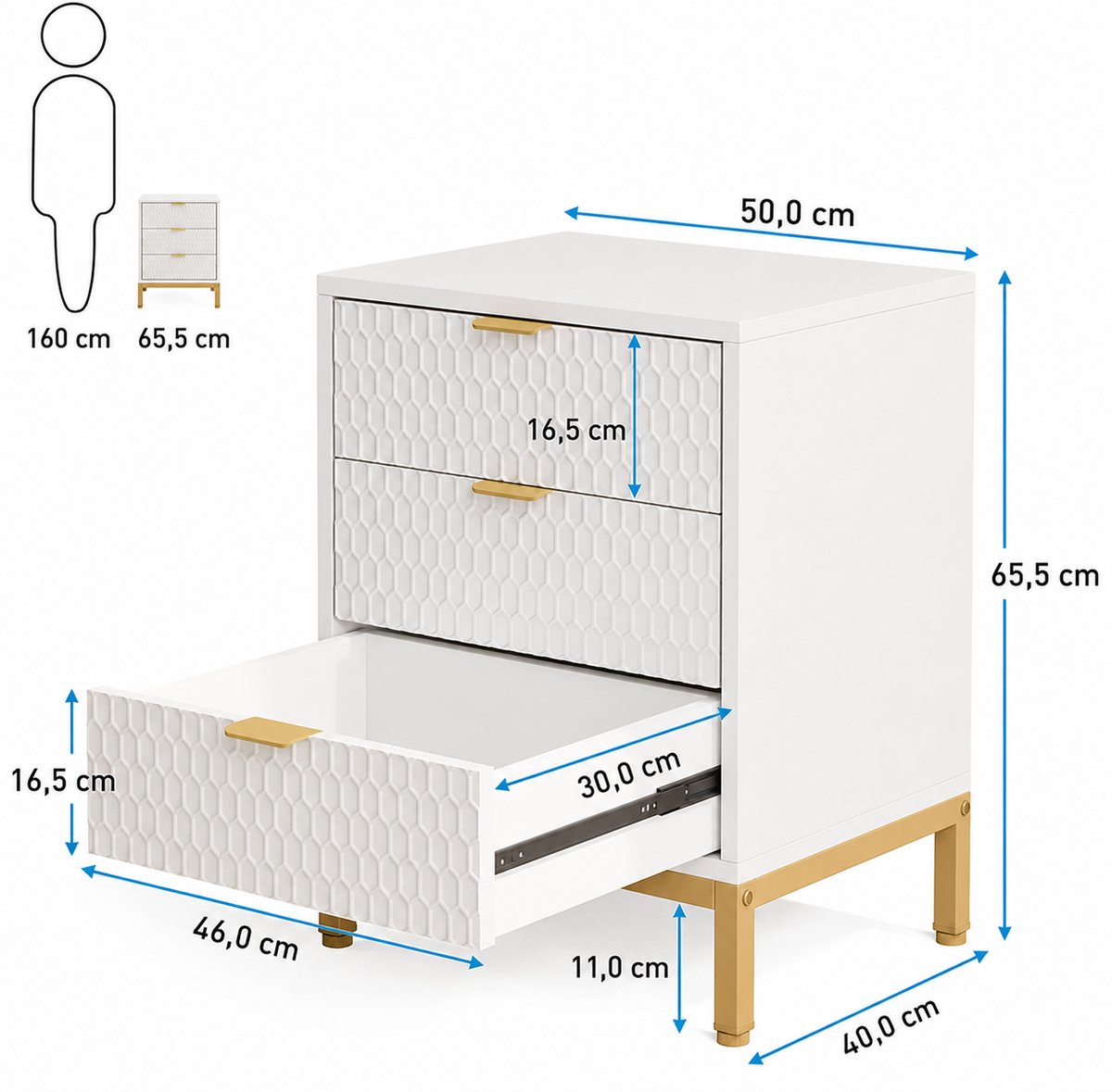 uJOY Nachtkastje met 3 lades - Wit - Gouden accenten - Voor de slaapkamer - Luxe en moderne uitstraling - Eenvoudige montage