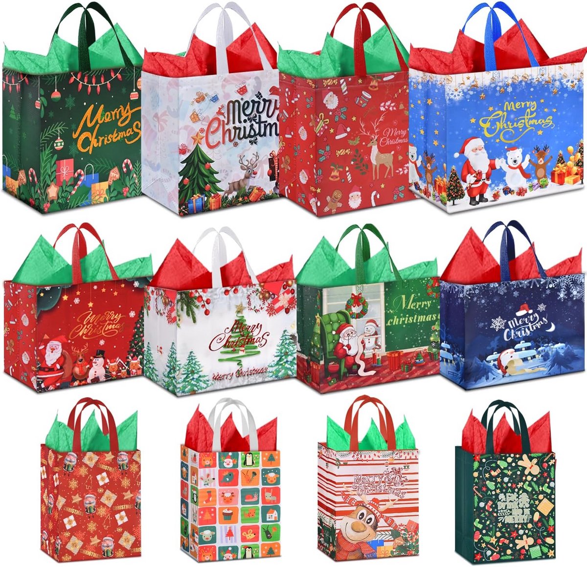 Kersttassen set - Cadeauzakken - Cadeaus inpakken - Herbruikbaar stevig materiaal - 12 stuks - Kerstkleuren