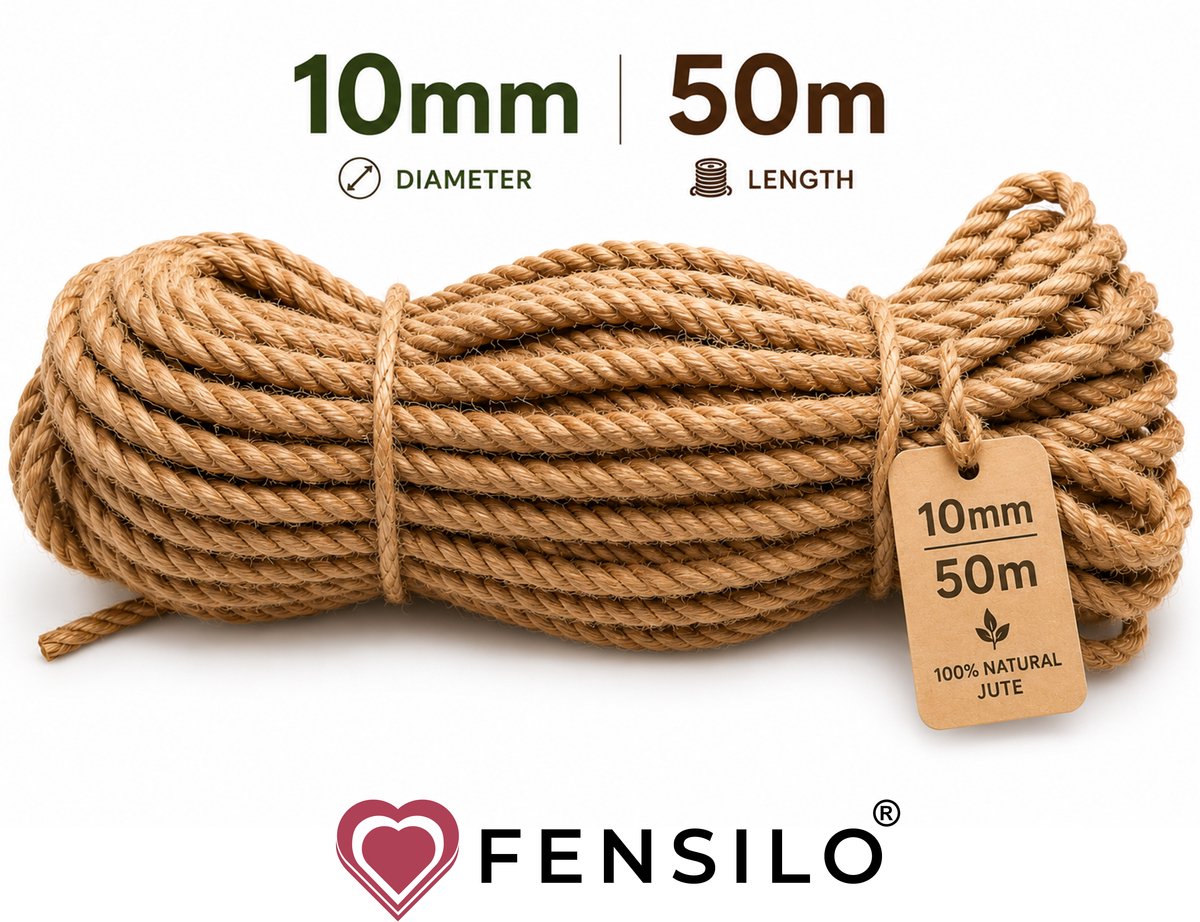 Jute Touw 10 mm / 50 m - Decoratief Jutetouw - Sisaltouw - Jutekoord - Natuurlijk Raamkoord voor Kattenkrabpalen, Dieren & Decoratie - FENSILO