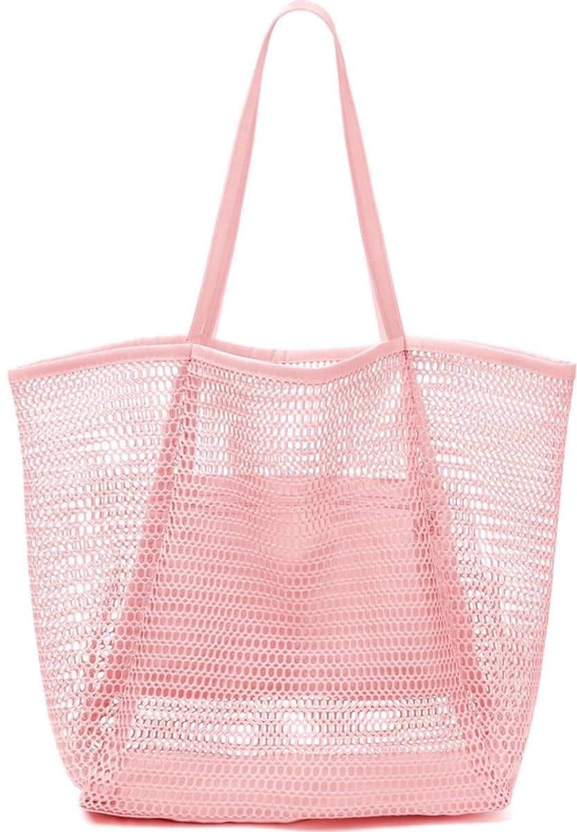 Grote strandtas van mesh, opvouwbare strandtas, water- en zandbestendig, perfect voor strandpicknicks en vakanties (roze).