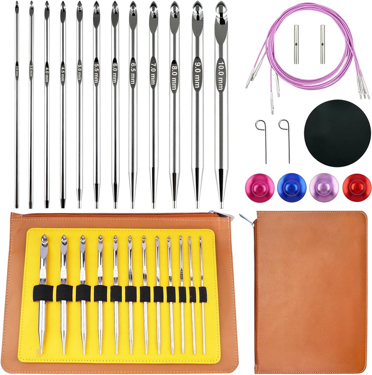 Tunesische Haaknaalden Set - Verwisselbare Haken - Kleding Haken - Ergonomisch Hol Aluminium - 3mm-10mm 12 Maten - Zilverkleurig