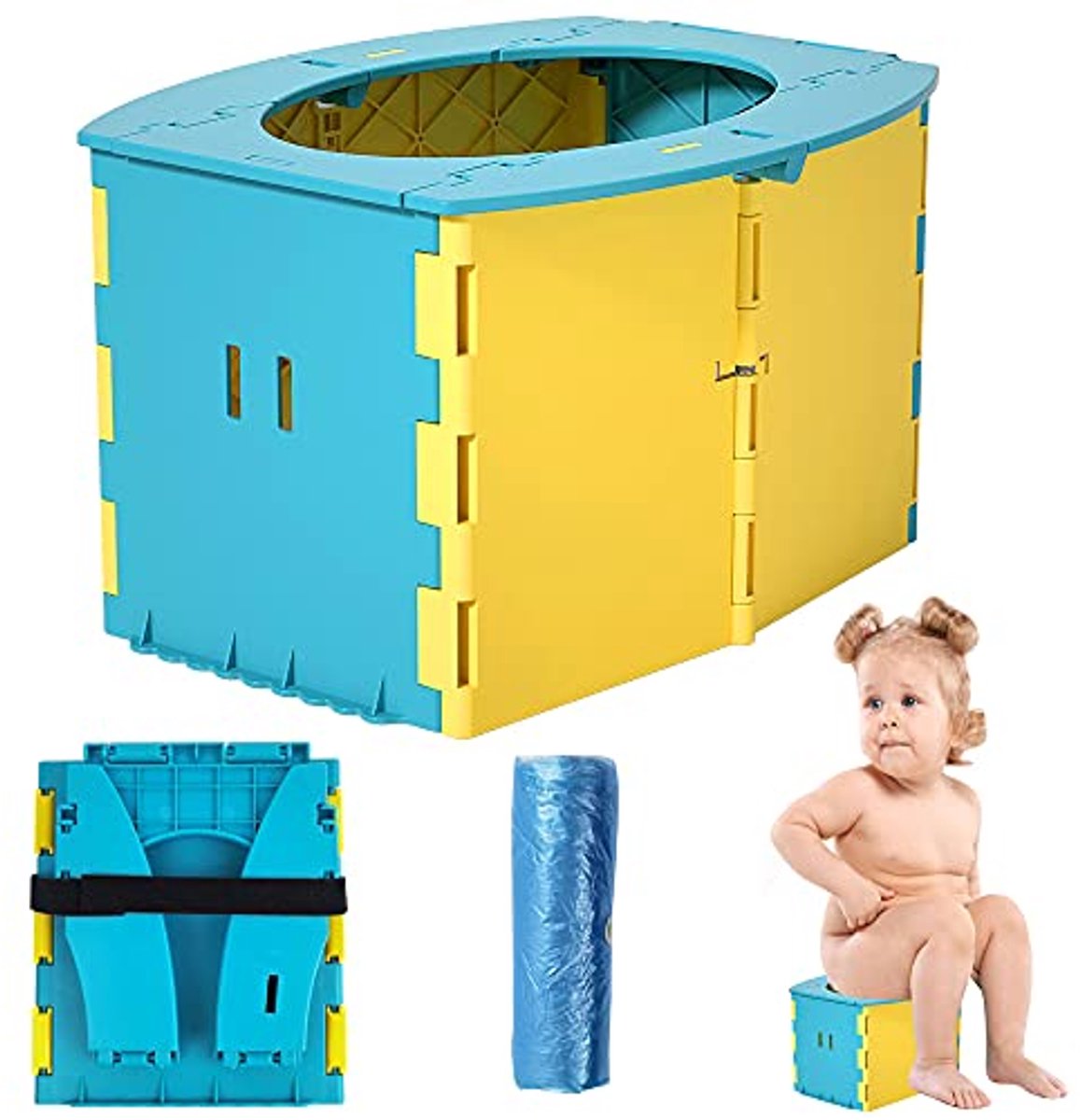 Kinder Toilet - Draagbaar Potje - Reizen en Buiten - Opvouwbaar Ontwerp - 10 Wegwerp Zakjes - Blauw Geel