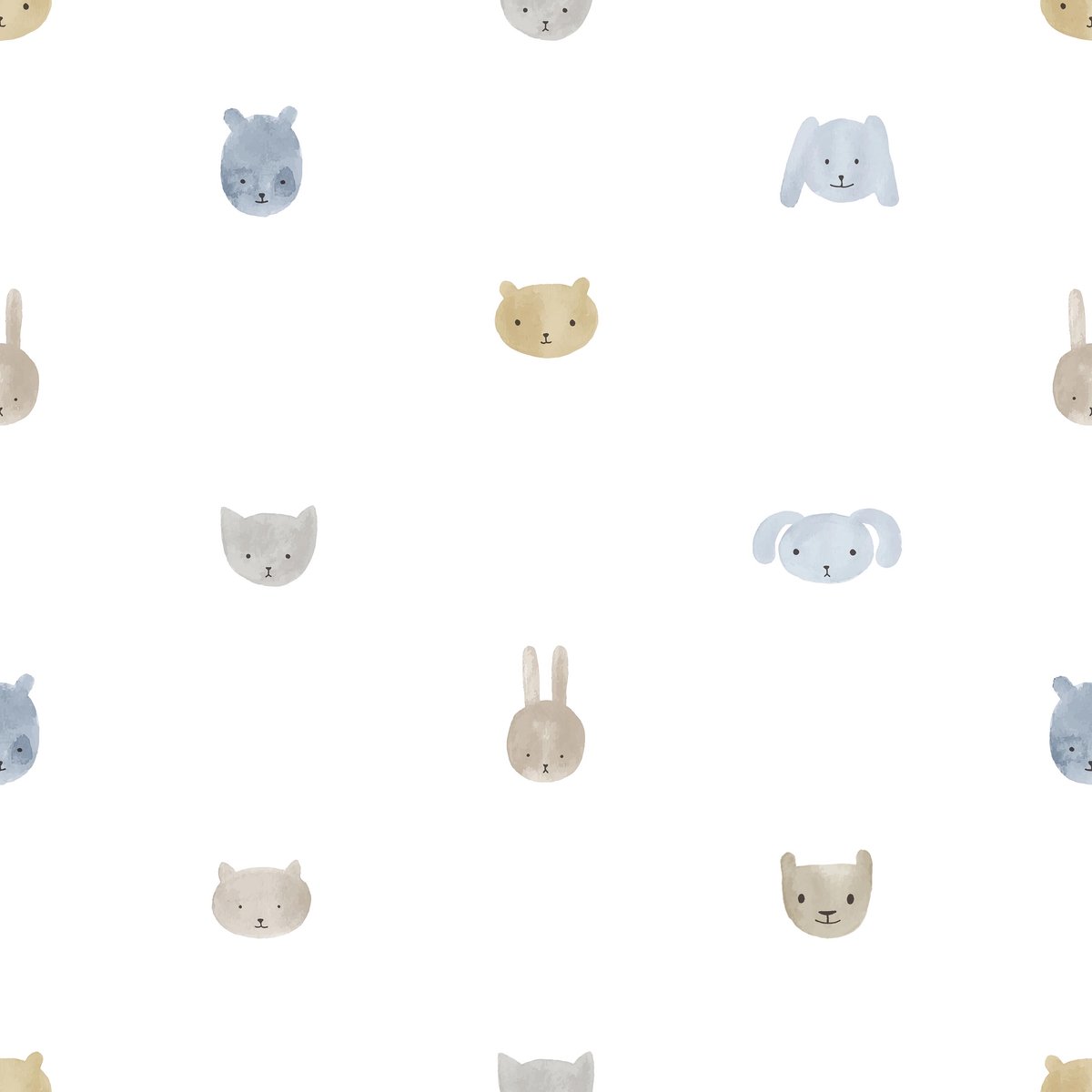 Behang - Dieren - Aquarel - Babykamer Jongen - Wit Blauw - Kinderkamer - Dierenhoofdjes - Beer Kat Konijn - 0,53 x 10,05 M - Happy