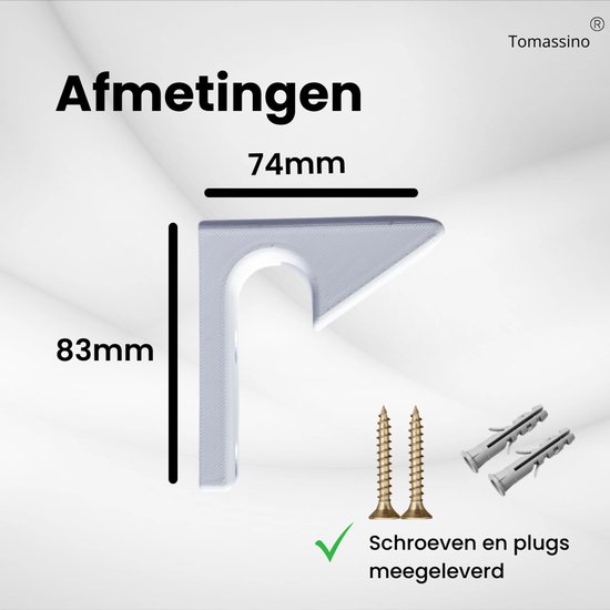 Afmetingen: 74mm breed, 83mm hoog. Met schroeven en plugs.