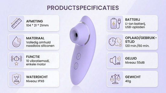 Lila luchtdruk vibrator met product specificaties.
