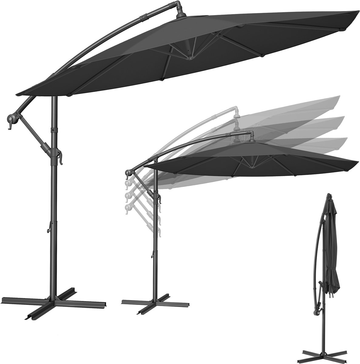 FurnStar - Parasol 300 cm - Zweefparasol - UV-bescherming UPF 50+ - 360° draaibaar - Traploos kantelbaar - Met zwengel om te openen en te sluiten, kruisvoet - Camelbruin