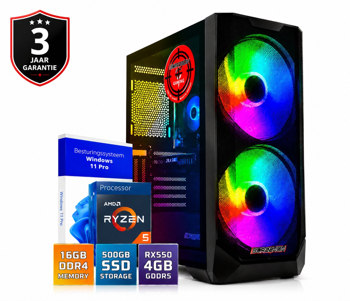 Gaming PC AMD Ryzen 5 2600X | Radeon RX550 4GB | 16GB RAM | 500GB SSD | Windows 11 Pro | RGB Gaming Desktop Computer | WiFi | Game Computer | Fortnite PC | GTA V PC | Minecraft PC | Roblox PC | E-sports Gaming Desktop | Direct Klaar voor Gebruik