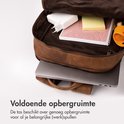 Binnenkant van de bruine leren rugzak, gevuld met diverse spullen.