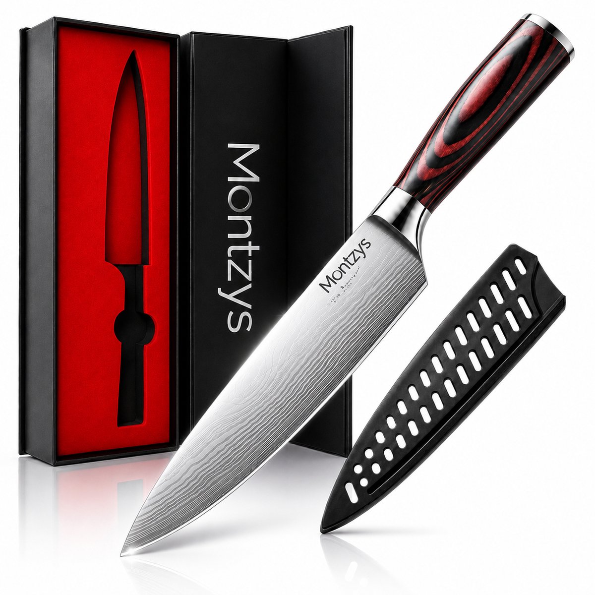 Montzys® Professioneel Koksmes - 20CM & Vlijmscherp - Vleesmes & Keukenmes met Japans Damascus Stijl - RVS Steakmessen & Hakmes - Inclusief Luxe Geschenkdoos