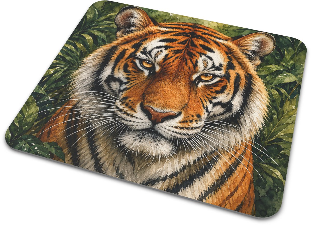 Muismat met Bengaalse tijger in aquarelstijl – tijger portret met oranje vacht, zwarte strepen en junglebladeren voor bureau of stoer cadeau