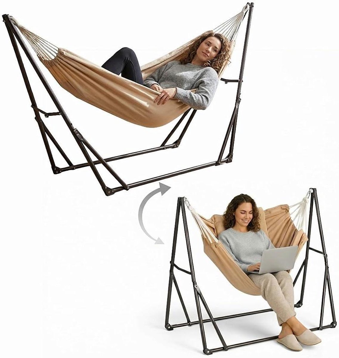 Hangmat met frame - Buiten schommel - Buiten ontspannen - Inklapbaar en draagbaar - 253 cm lengte - Natuurlijk