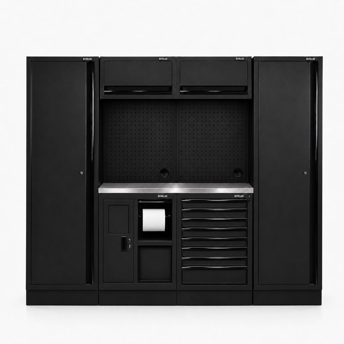 Pillar modulaire werkplaatsinrichting met 2 hoge kasten en roestvrijstalen werkblad