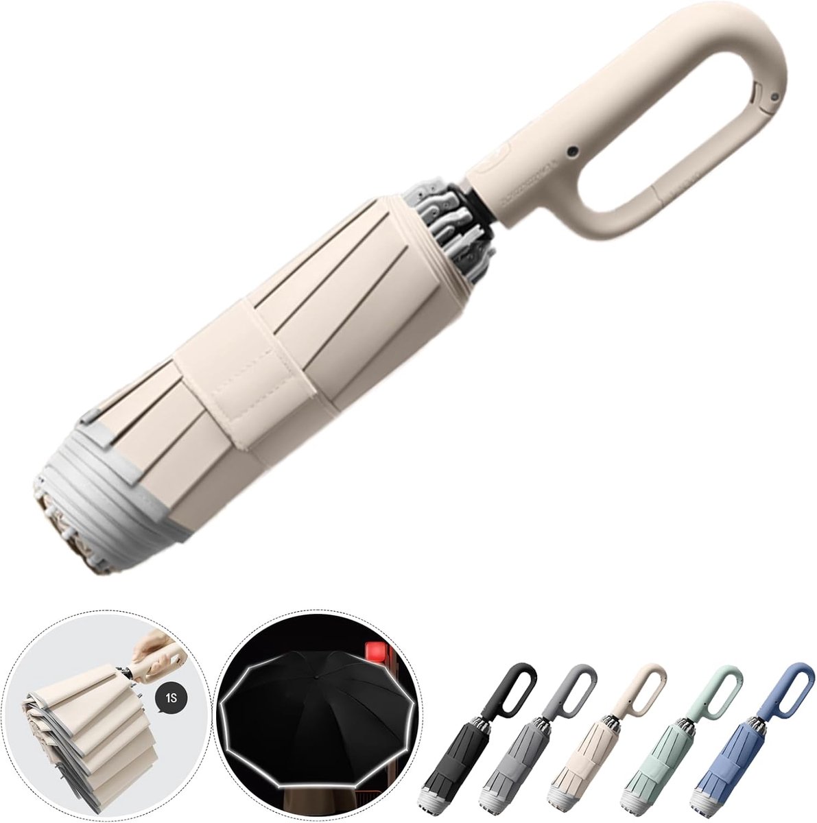 VHV-Automatische Paraplu met Ringhandvat en Reflectiestrip - Windbestendige Omgekeerde Paraplu - Compacte Opvouwbare Stormparaplu - Veilige Reisparaplu - Beige