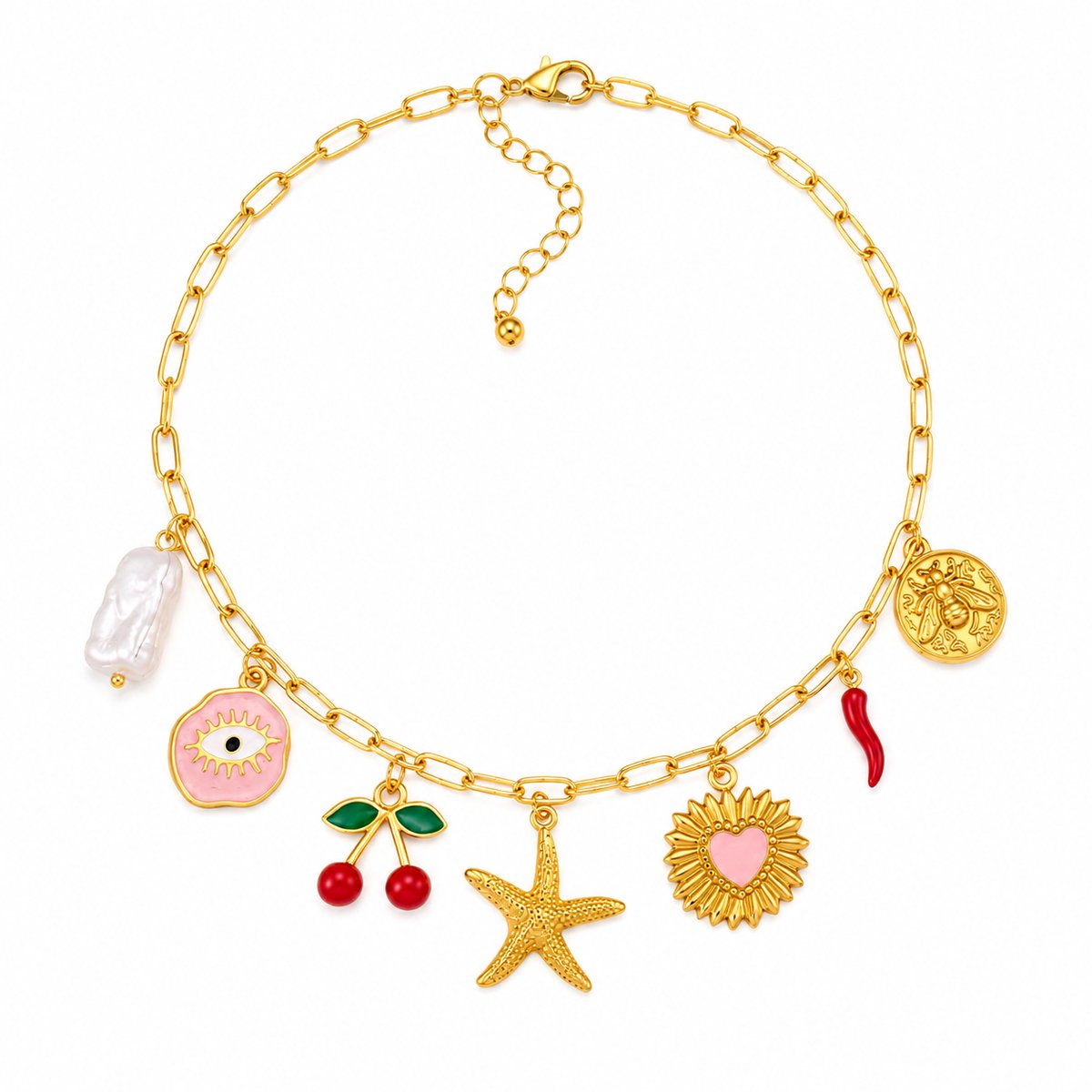 Bedel Ketting - Cherry Goudkleurig | 40 + 5, 5 Cm | Kers / Pepertje / Hartje Bijoux Bedels | Fashion Favorite