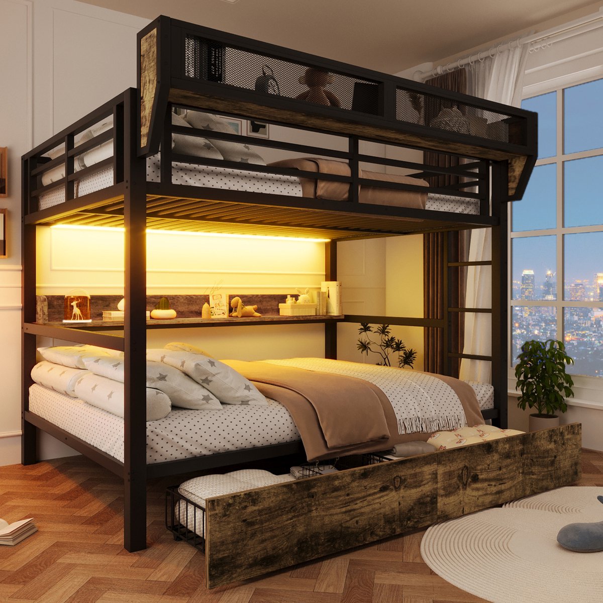 STILVORA Stapelbed 140x200 cm – Met Ledverlichting & Opbergruimte – Met 2 Laden En Opbergmand – Zonder Matras – Metaal En MDF – Zwart