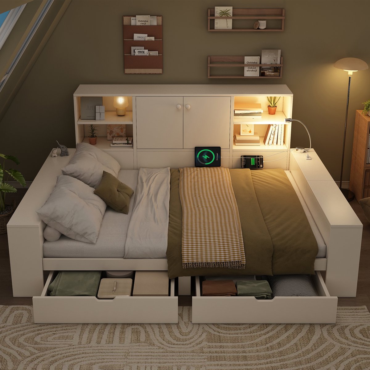 STILVORA Bed 140x200 cm – Met USB En Leeslamp – 2 Laden En Hoofdbordopberging – Voor Slaapkamer – Hout – Wit – Zonder Matras