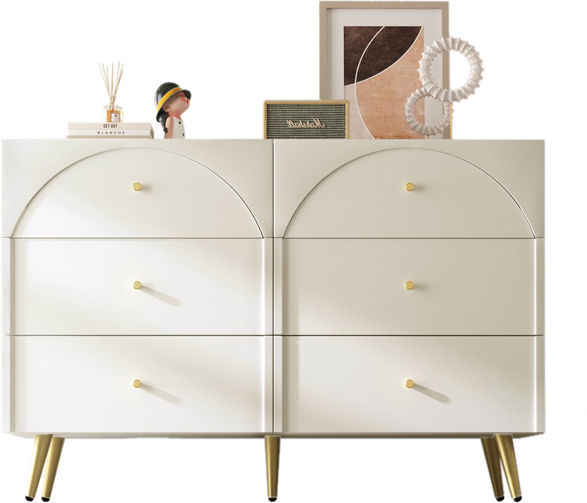 Melkwit hout en metaal ladekast 120×40×85cm opslag woonkamer en slaapkamer