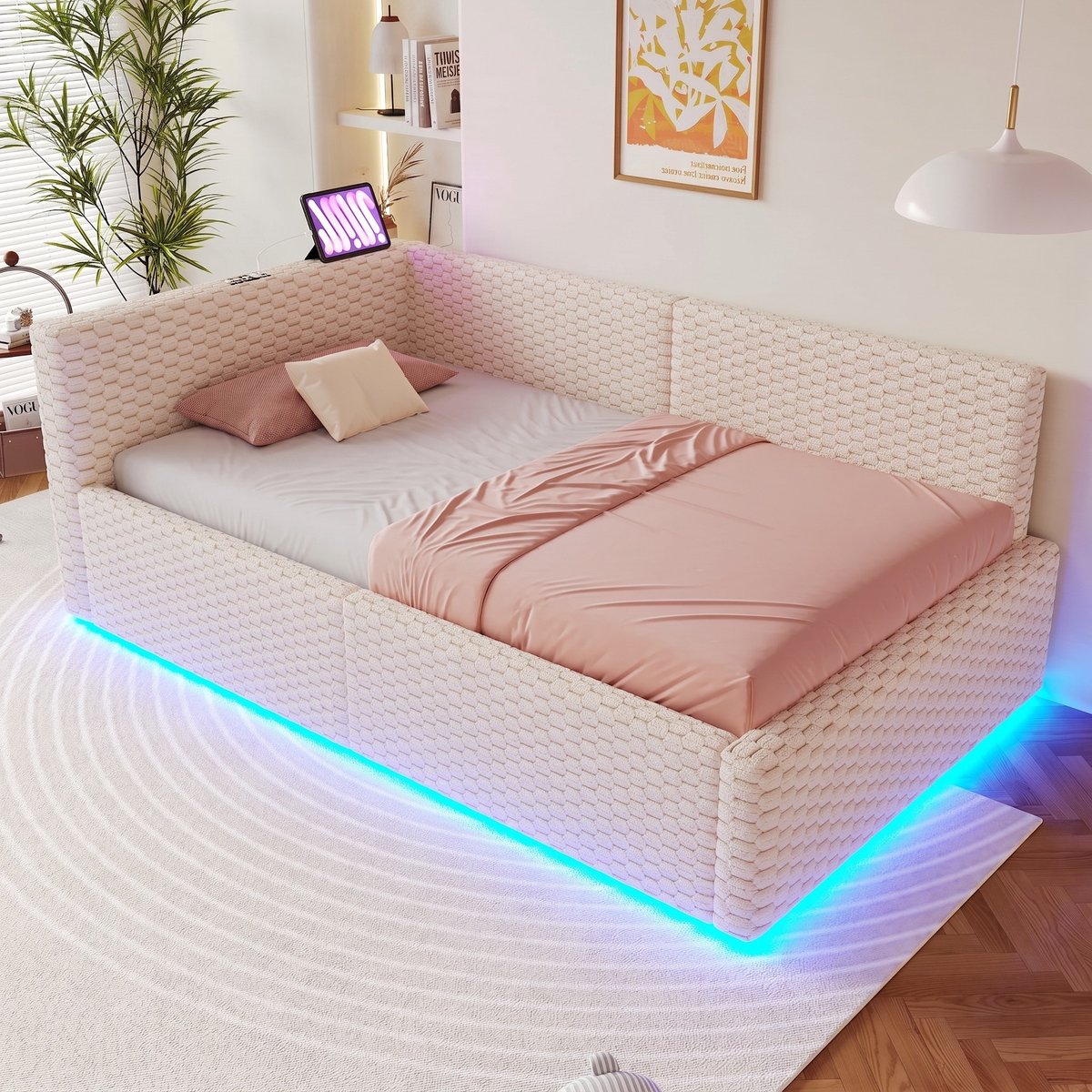 VVBV Bed met opbergruimte 90x200 / Eenpersoonsbed 90x200 – met Hydraulische Opbergruimte, LED-Verlichting, USB, USB-C, Lattenbodem – Rugleuning – Fluweel Beige