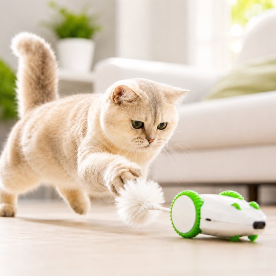 Een kat jaagt op een witte en groene robotmuis met een witte pluche staart in een woonkamer.