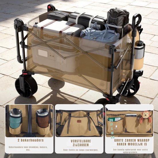 QUOVO® Bolderkar Opvouwbaar Luchtbanden - Bolderkar - Bolderkar Opvouwbaar - Khaki - 95cm x 53cm x 70cm van Quovo — afbeelding 3