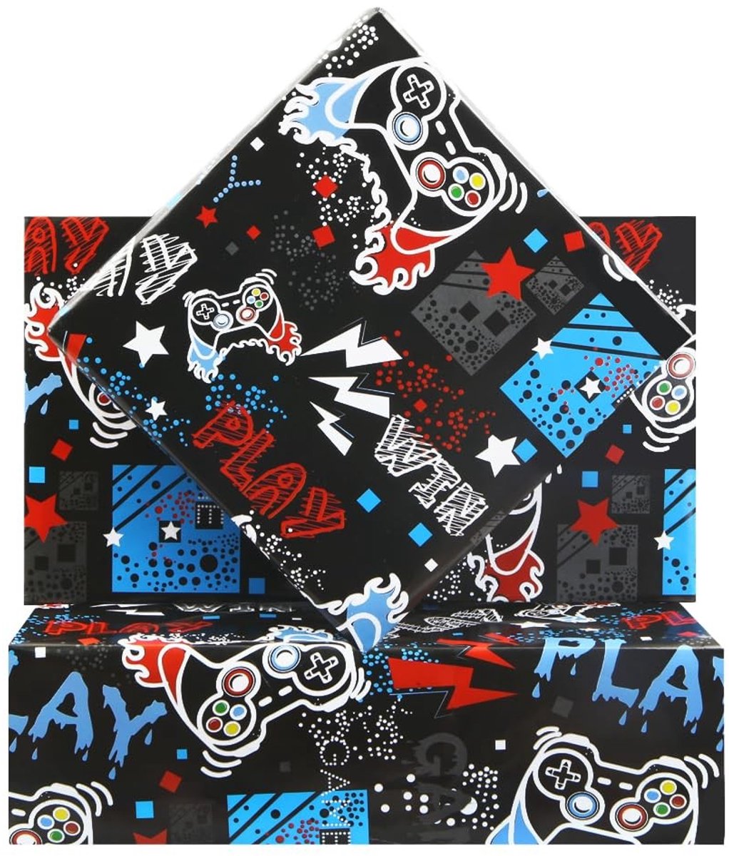 Cosensi- Inpakpapier Gaming - Cadeaupapier Jongens/Kinderen - 4 Vellen - 50 x 70 cm - Verjaardag/Gamefeest - Videogame-Thema