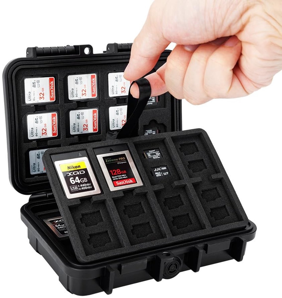 Byshayne- Geheugenkaarthouder Massive Capaciteit - 22 x SD/SDXC/SDHC - 76 x Micro SD/TF - 16 x CFexpress Type-B/XQD - IP67 Waterdicht - EVA Padding - Opslagdoos