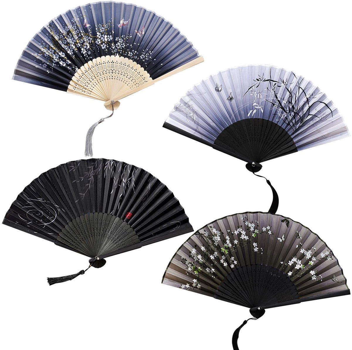 Dailygoods- Bamboefan 4 Stuks - Opvouwbare Waaier - Chinese Stijl - Zwart - Hoogwaardige Materialen - Elegante Motieven - Handfan