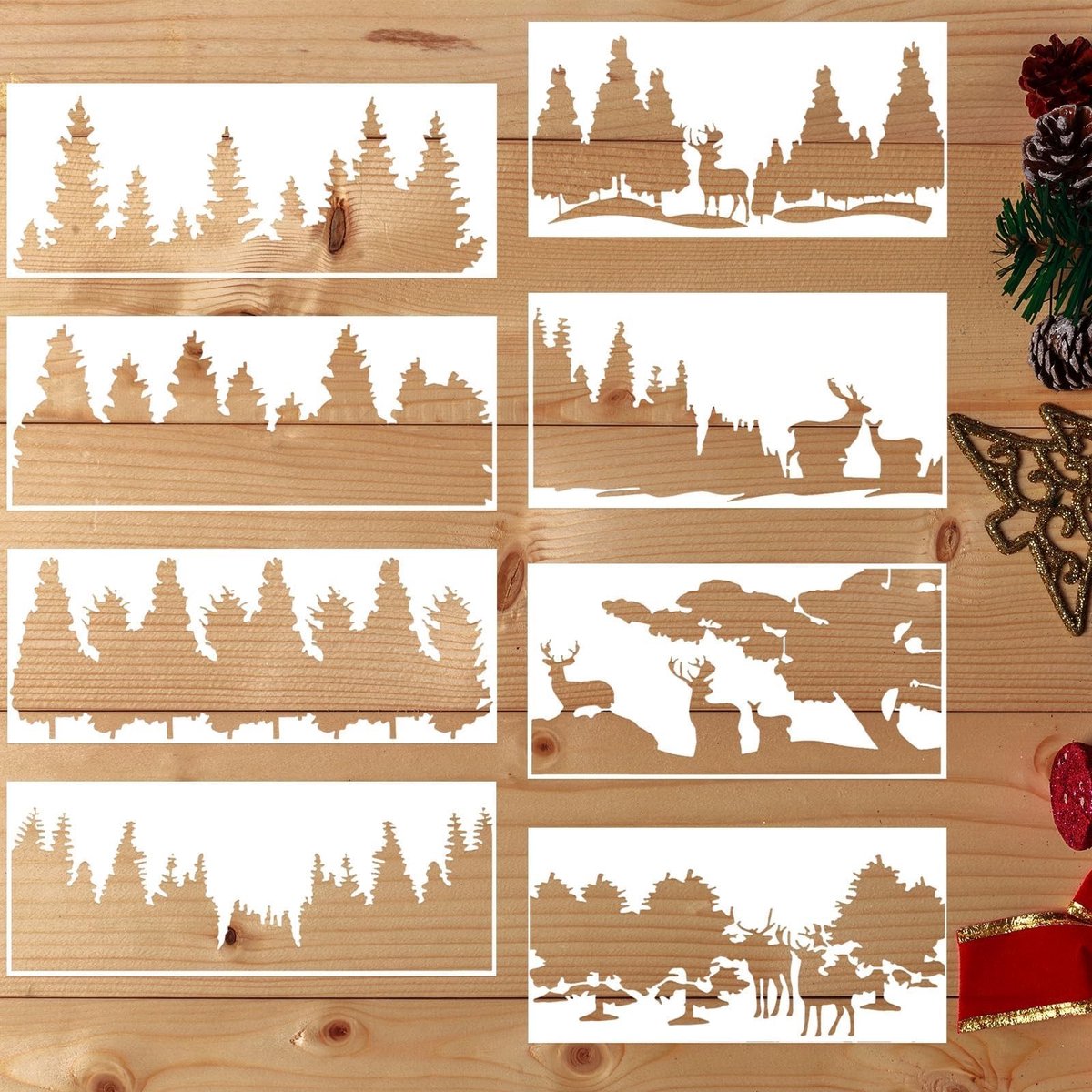 Dailygoods- Kerst Sjablonen 8 Stuks - Herbruikbare Muur Sjablonen - Schilderen op Hout - Winter Boom Verf Sjablonen - Kunst Ambachten - Plastic PET Materiaal - Muursjablonen
