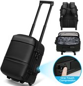 Zwarte reistrolley met uittrekbare handgreep en wielen, plus extra rugzakdetails, een open compartiment en een detail van de elektrische pomp.