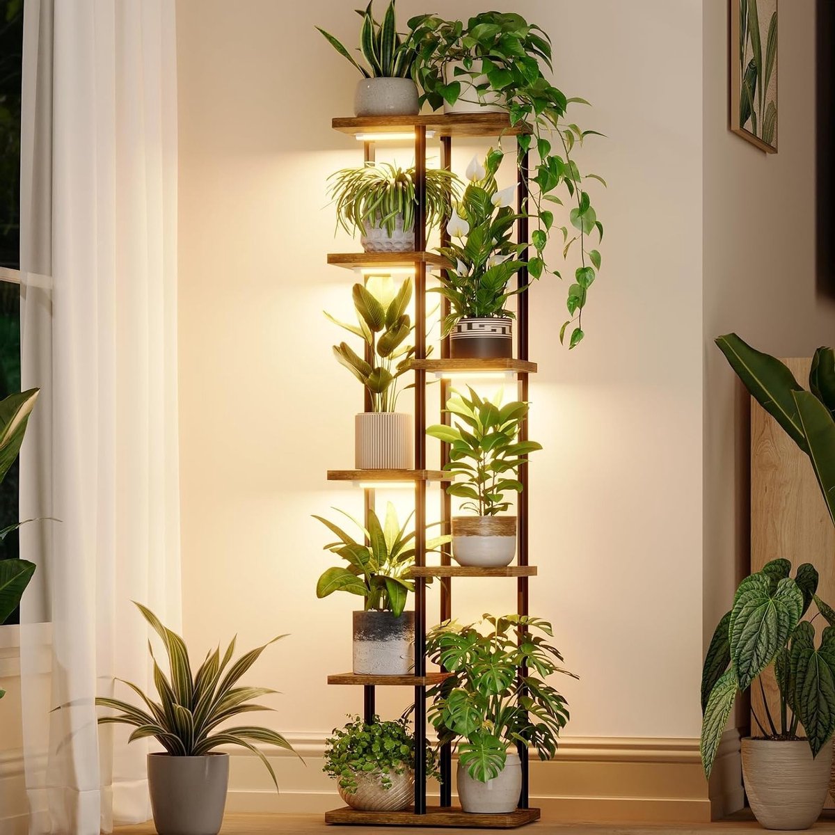 Plantstand met groeilamp voor binnenplanten - 7 niveaus metalen plantenrek en houten bloemenstandaard voor woonkamer en patio decoratie