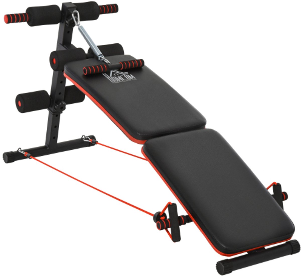 Sit-up Bank Buikspiertrainer Verstelbaar & Opvouwbaar - Multifunctionele Trainingsbank met Weerstandsbanden - Tot 110 kg - Staal Zwart/Rood