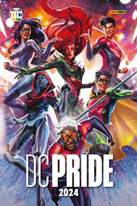 Couverture DC Pride 2024 avec divers super-héros DC, dont Poison Ivy, Superman et Robin, aux couleurs vives et à l'atmosphère festive.