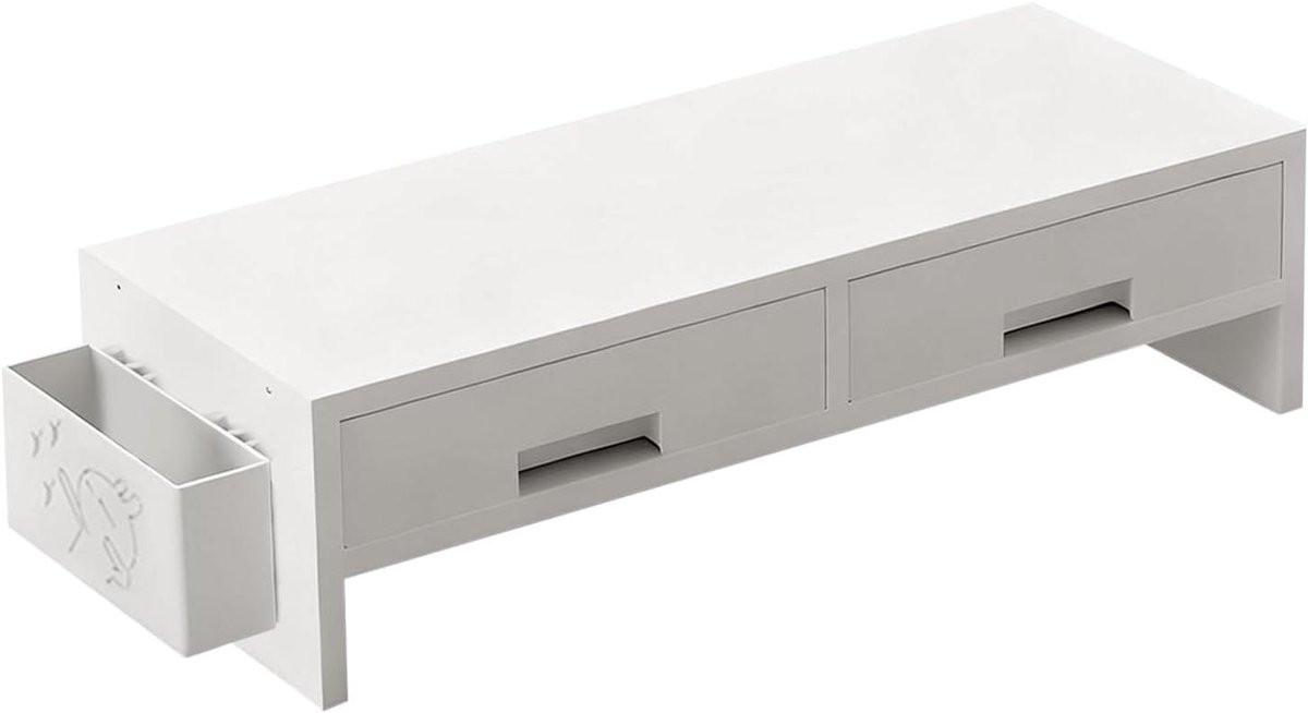 Houten Monitorstandaard - Bureau Verhoger - Werkplek Organiseren - Met Lades - 50 cm - Wit