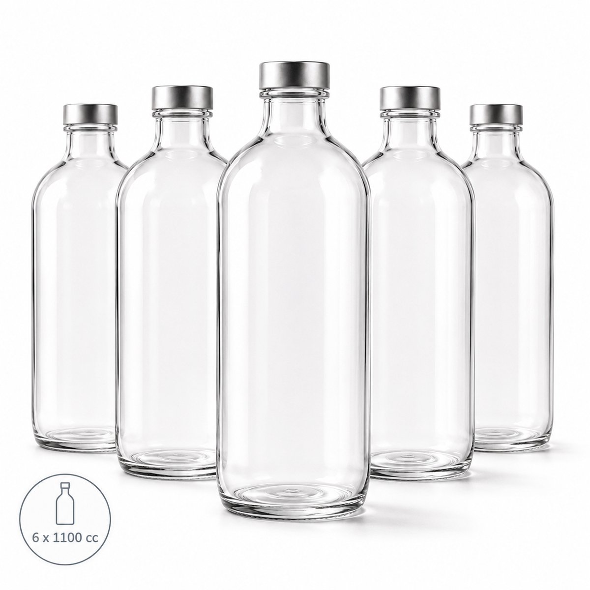 Pasabahce Iconic Glazen Flessen Set 6 stuks – 1100 cc per fles – Transparante Waterfles met Metalen Dop – Glazen Karaf voor Water, Sap en Limonade – 1,1 Liter – Serveersefles voor Keuken en Tafel