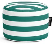 Ronde poef met horizontale groen-witte strepen.
