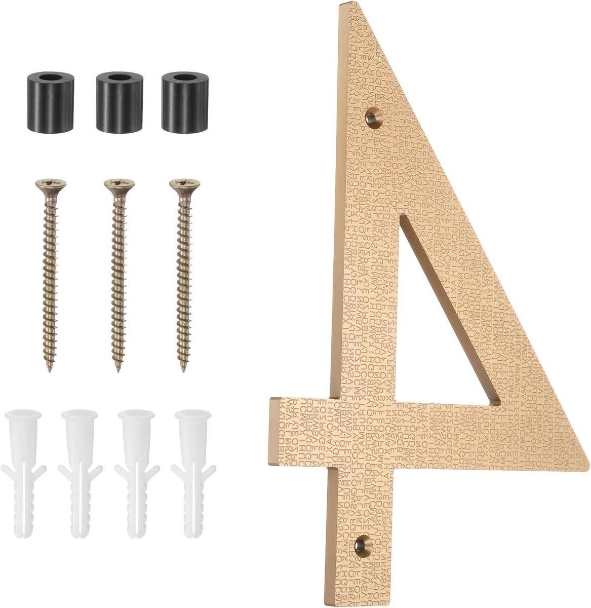 QUARKZMAN Moderne huisnummers voor buiten, drijvende adresnummers van metaal, breed, 25,4 cm, met nagelset voor woning, kantoor, hotel, slaapkamer, borden (goud, nummer 4)