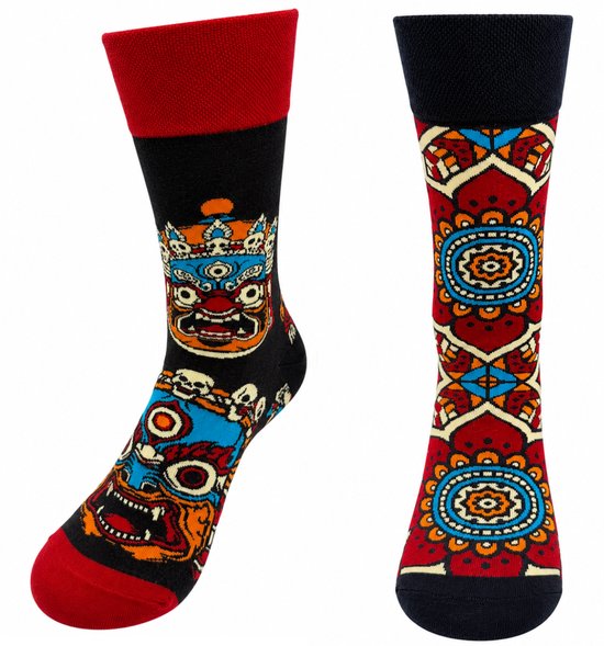 Tutti Footi – Paar verschillende sokken met Tibetaans/Nepalese Maskers & Mandala-patroon – Maat 36-40 – Aziatische Stijl