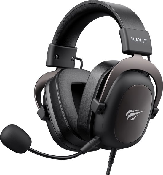 Zwarte Havit gaming headset met verstelbare hoofdband en microfoon, gepresenteerd op een zwarte achtergrond.