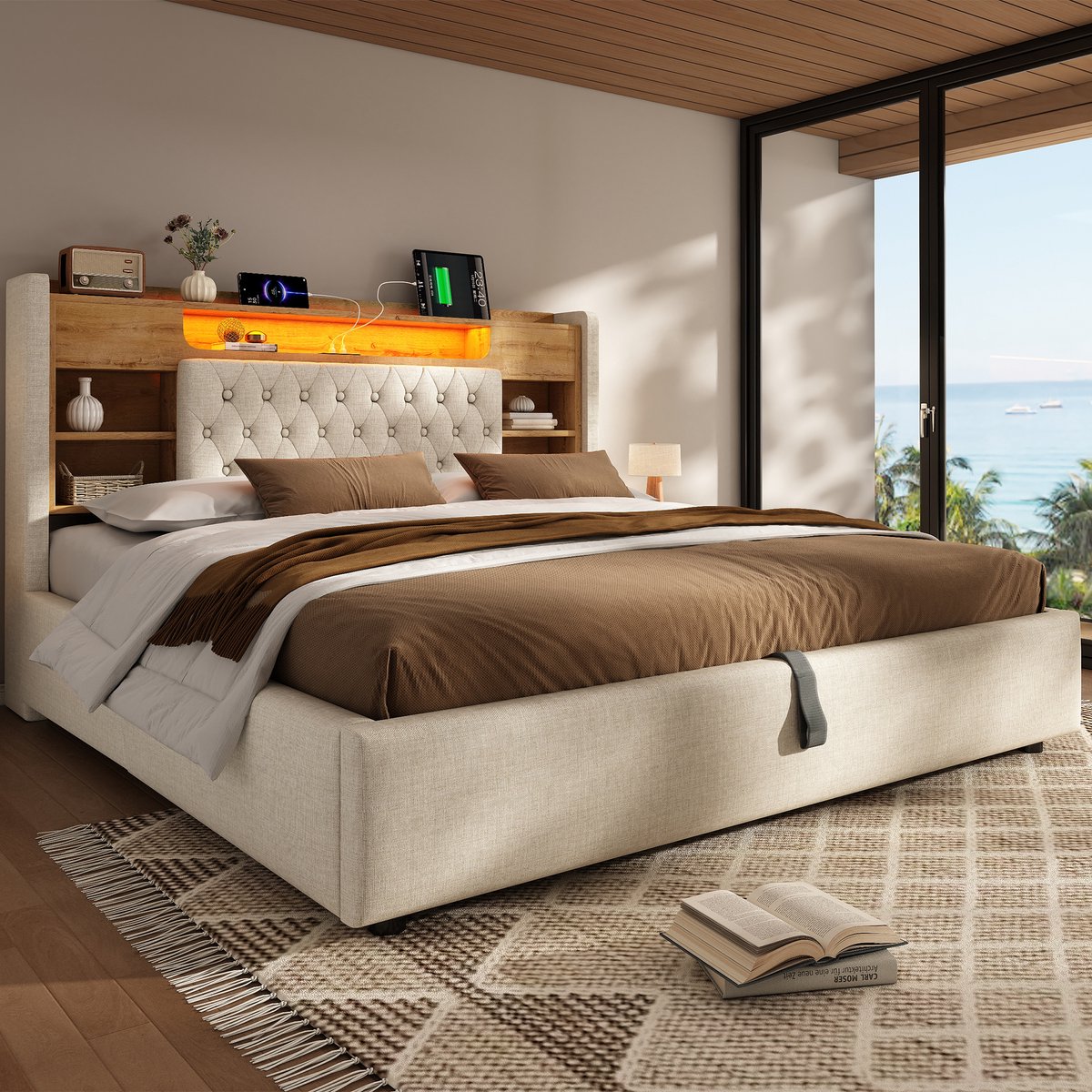 MODENUIT Gestoffeerd bed 180x200 cm – Hoofdbord met plank, led en USB-C – Hydraulische opbergruimte – Zonder matras – Beige